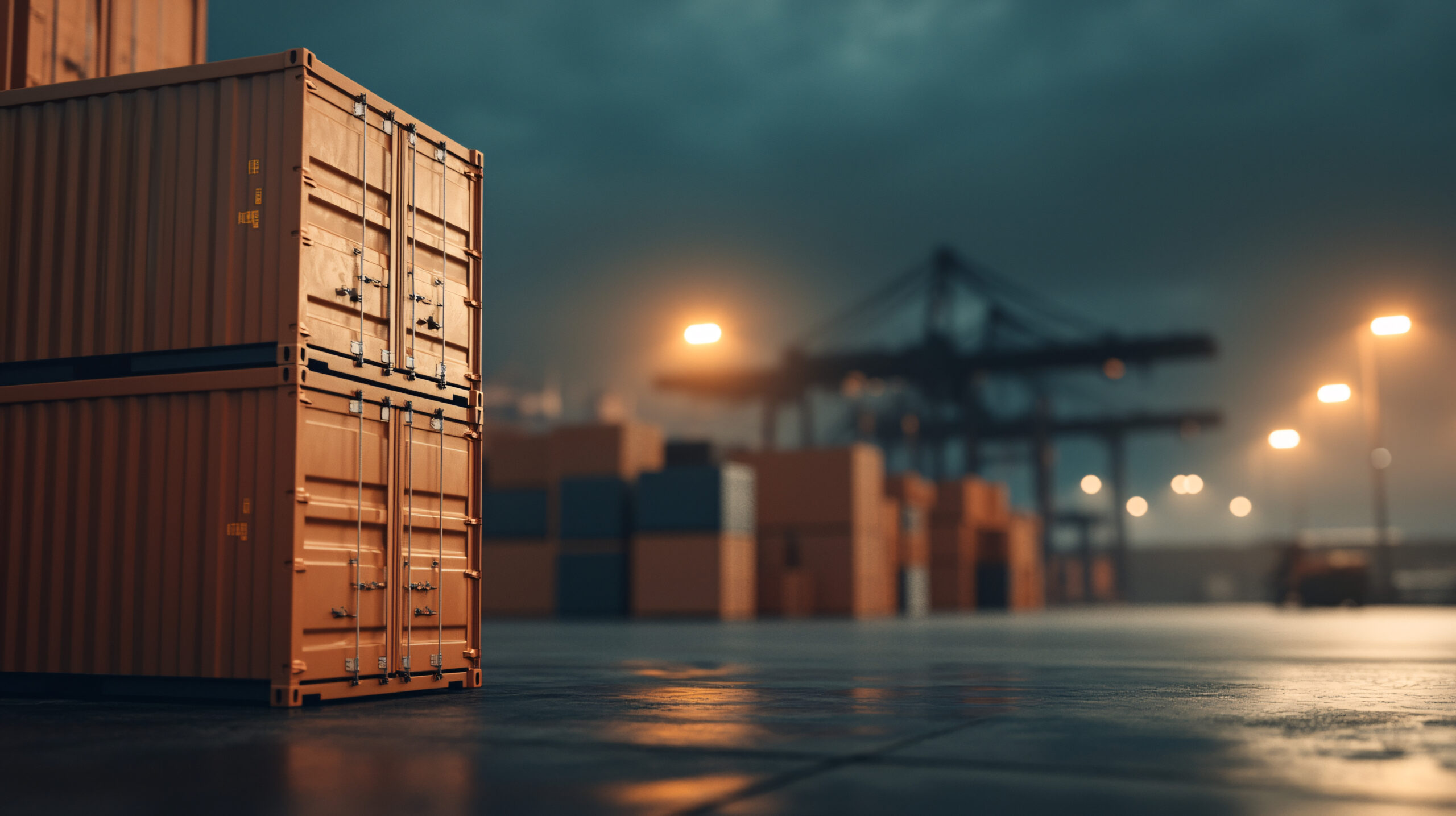 Stacked cargo containers at twilight, a dramatic scene of global trade under a moody sky. Industry's quiet strength.